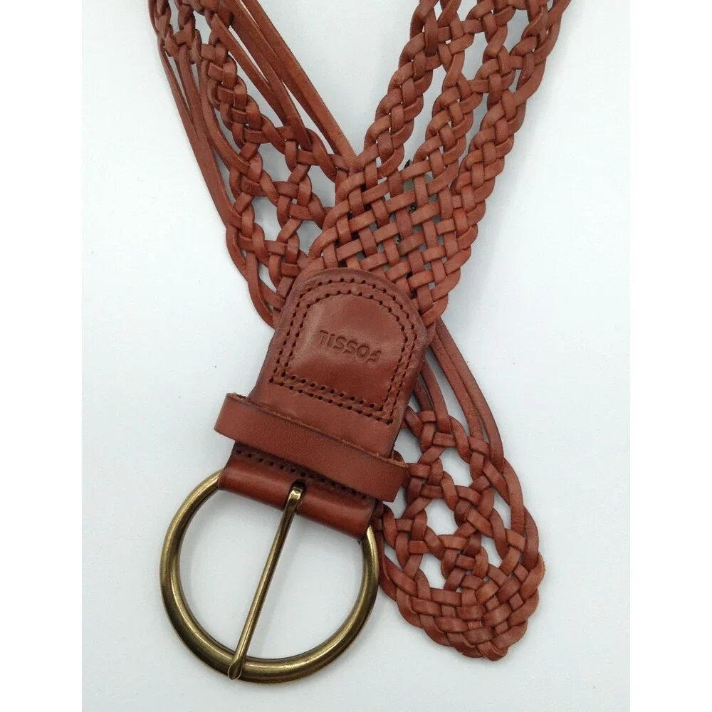 Fossil Belt Wn S Brown Leather Braided Woven Brass Buckle Boho Hippie Western